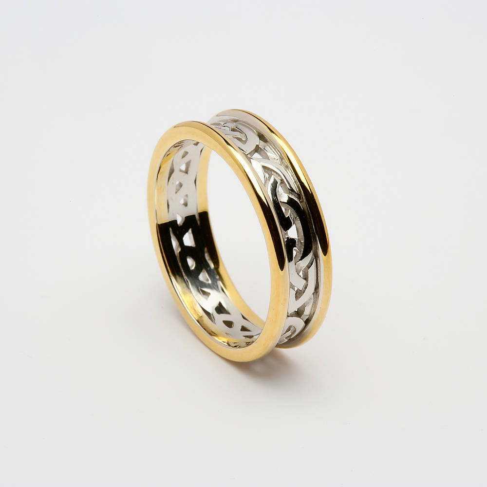 14 carat Ladies 5.9 Mm Wide Narrow Universal Fit White Gold Band With Open Celtic Knot Centre With Heavy Yellow Gold Rims