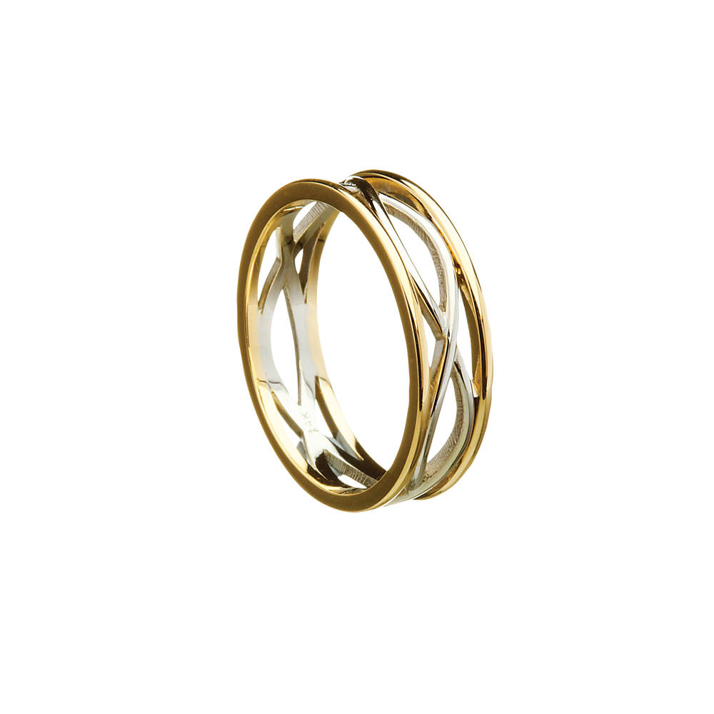 14 carat white gold lady's&nbsp;Celtic ring with&nbsp;two lines entwined with light yellow rims.A great ring that will impress.