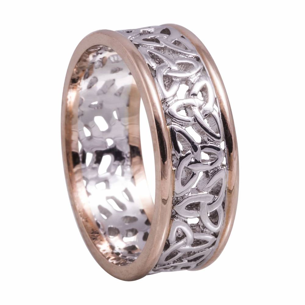 14 ct white gold trinity knot centre band with rose rims. Fabulous wedding ring in the Celtic eternity knot style.