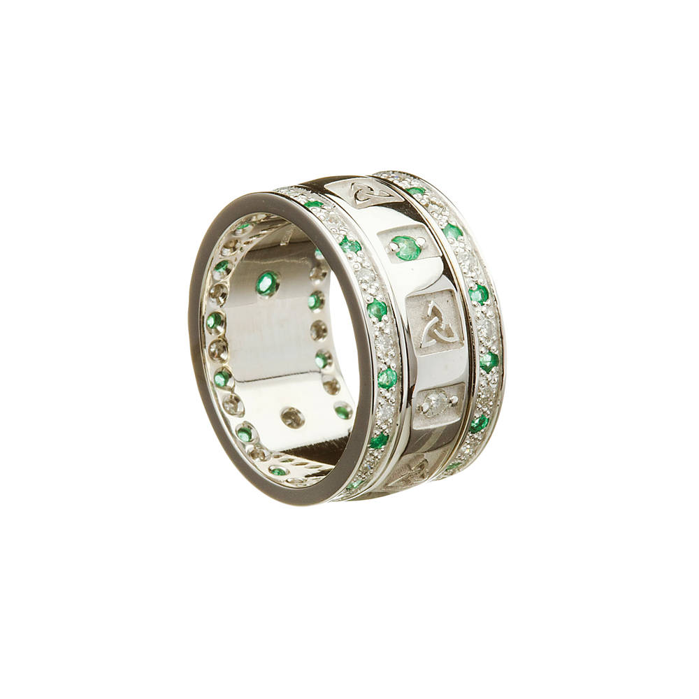 14 carat White Gold Ladies 8.3Mm Wide Wedding Band With 3 Diamonds And 3 Emeralds In Raised Window Trinity Knot Centre And Emeralds And Diamonds In Rims
