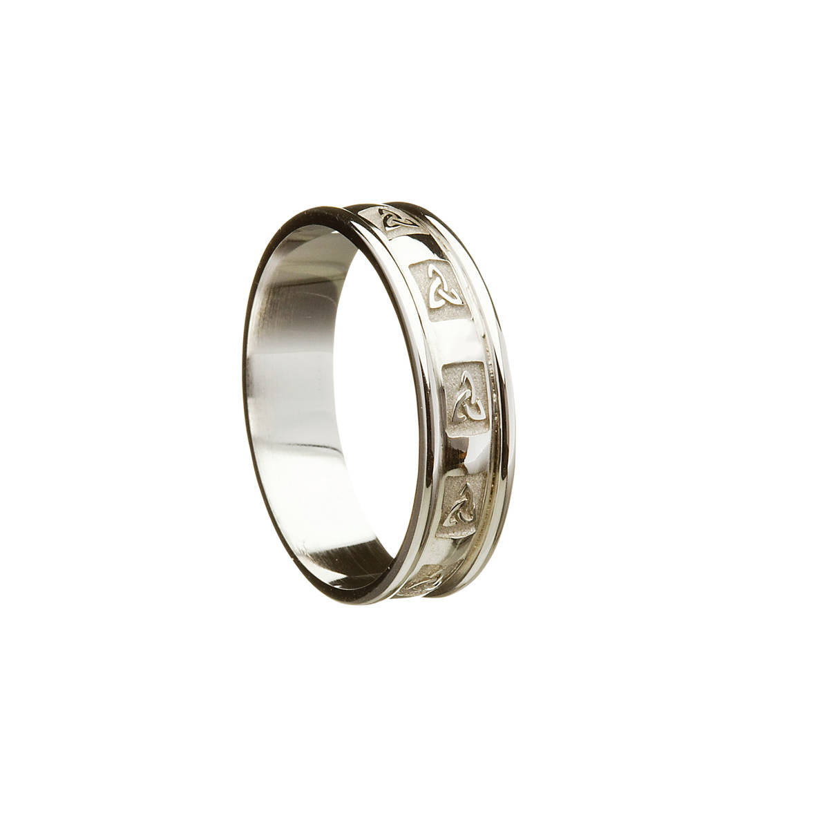 14ct white gold gents wedding band with raised window Trinity Knot Design and light white gold rims. 

Width: 7.3 mm