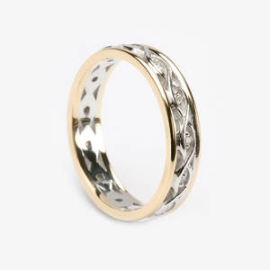 18 carat white gold lady's Celtic style two lines entwined  wedding ring with light yellow gold rims with 0.10 total carat weight in diamonds