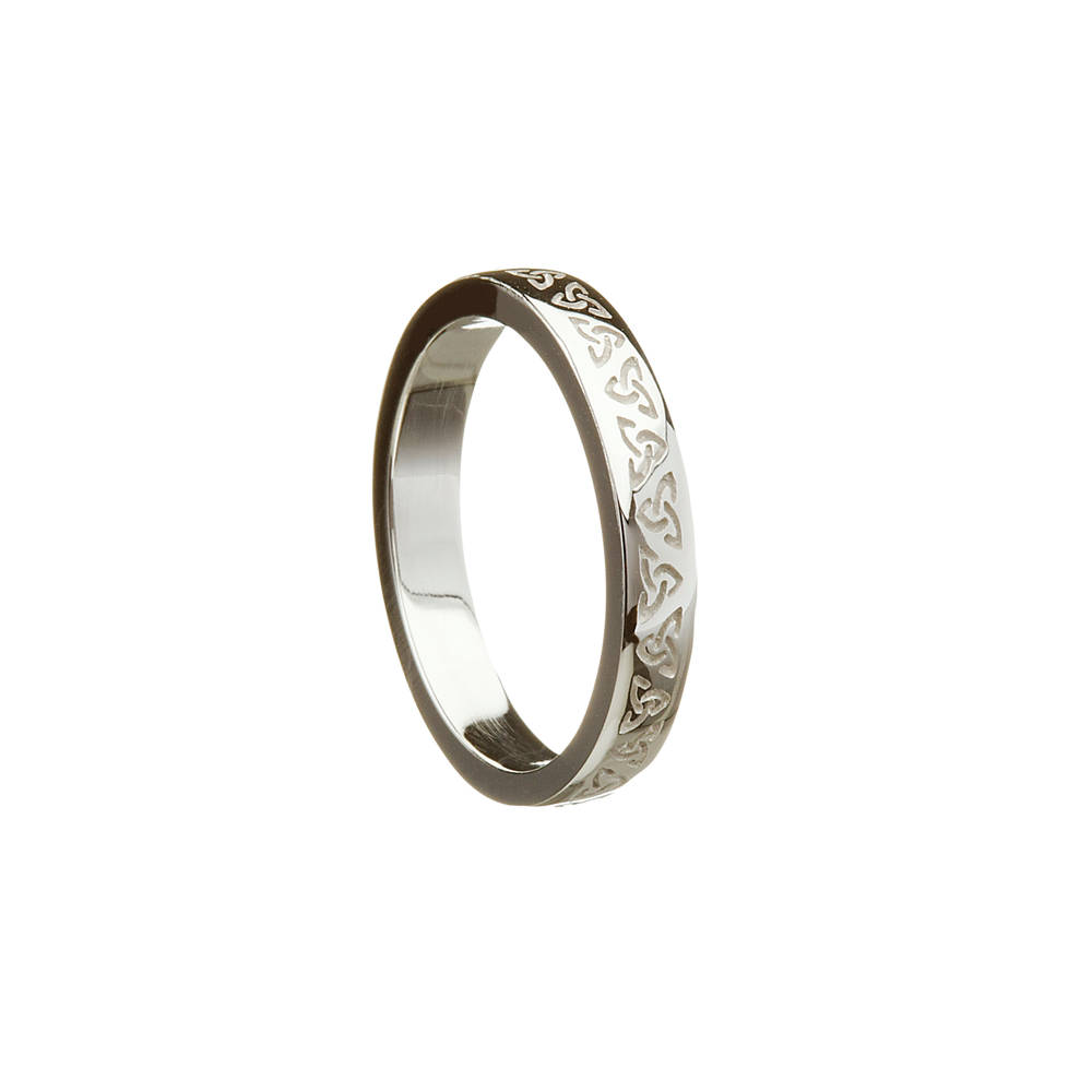 14 carat White Gold Heavy Ladies Celtic Wedding Band With Recessed Trinity Knot Design