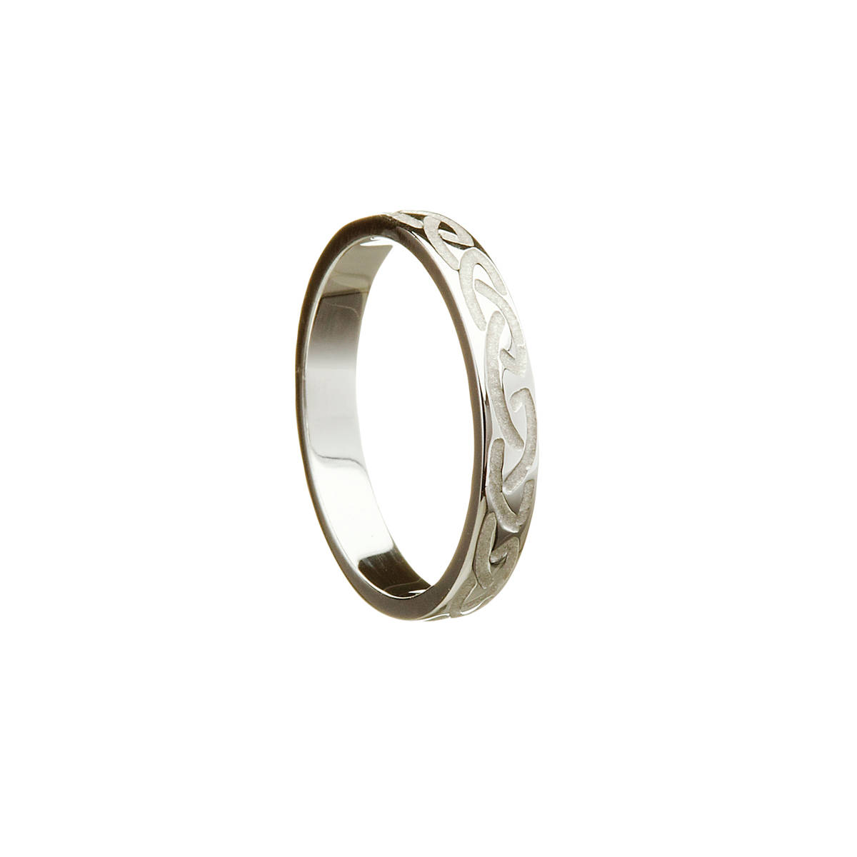 14ct white gold ladies wedding band with heavy recessed Celtic Knot design.

Width: 3.6 mm
Profile: D-Shape