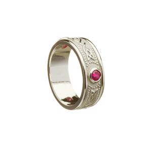 14 carat white gold lady's celtic warrior ring with rubies.