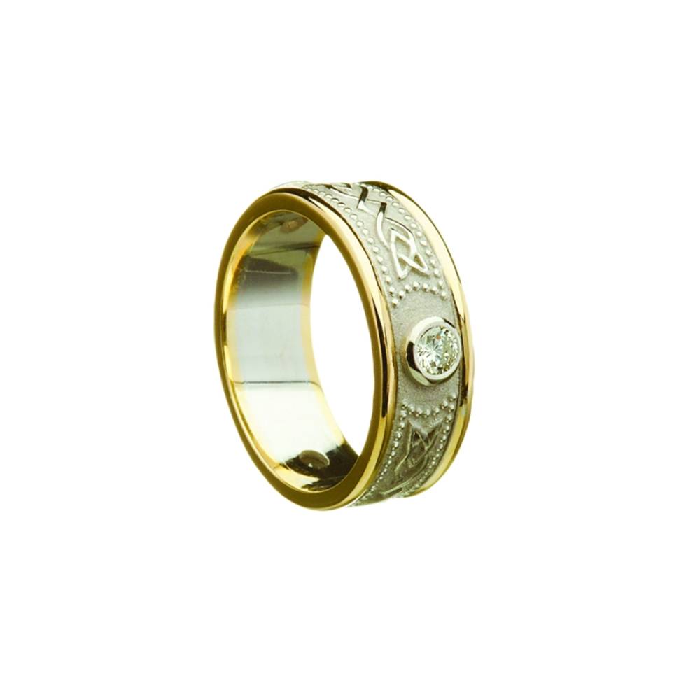 14 carat White Gold Ladies Celtic Shield Wedding Band 6.1 Mm Wide With 3 Diamonds And Yellow Gold Light Rims