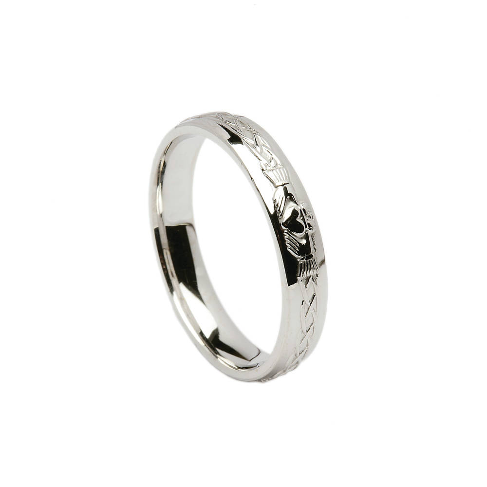 14 carat White Gold Universal Fit 4.5Mm Wide Celtic Claddagh Wedding Band