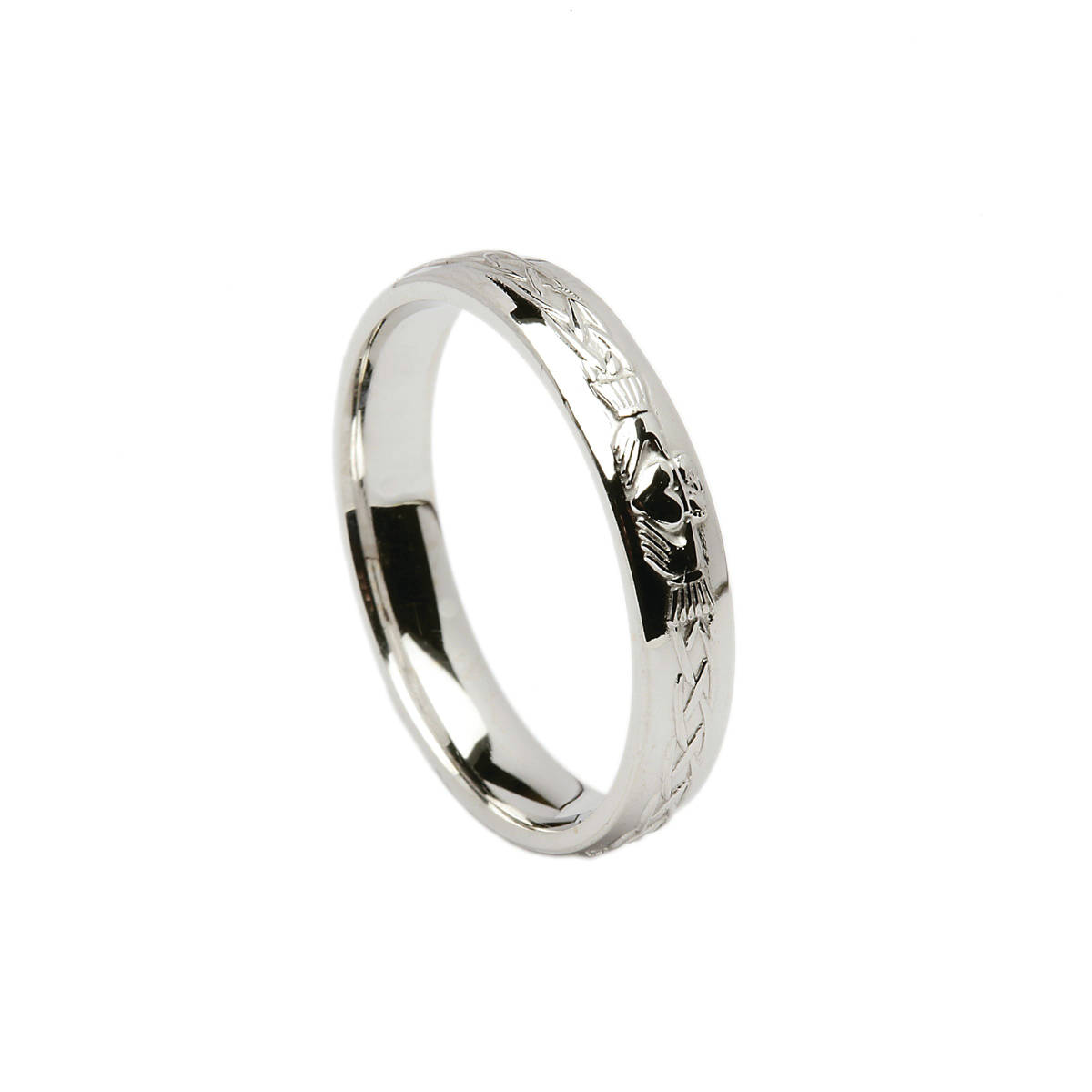 14ct white gold ladies universal fit Celtic Claddagh wedding band

Profile: D-Shape
Width: 4.5mm