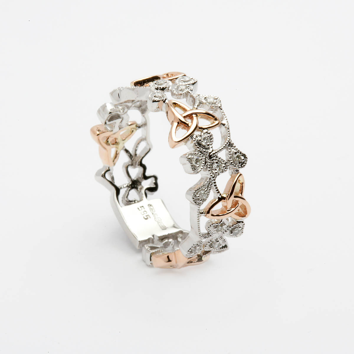 14 ct gold trinity knots ring in white gold and rose gold with 0.13 cts diamonds