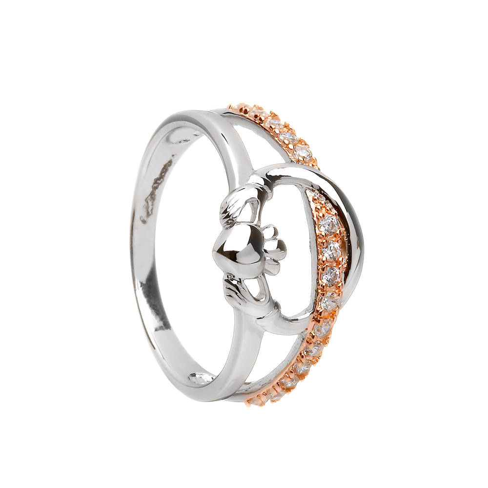 Silver Claddagh Ring With Cz Set In Rose Gold Plating
