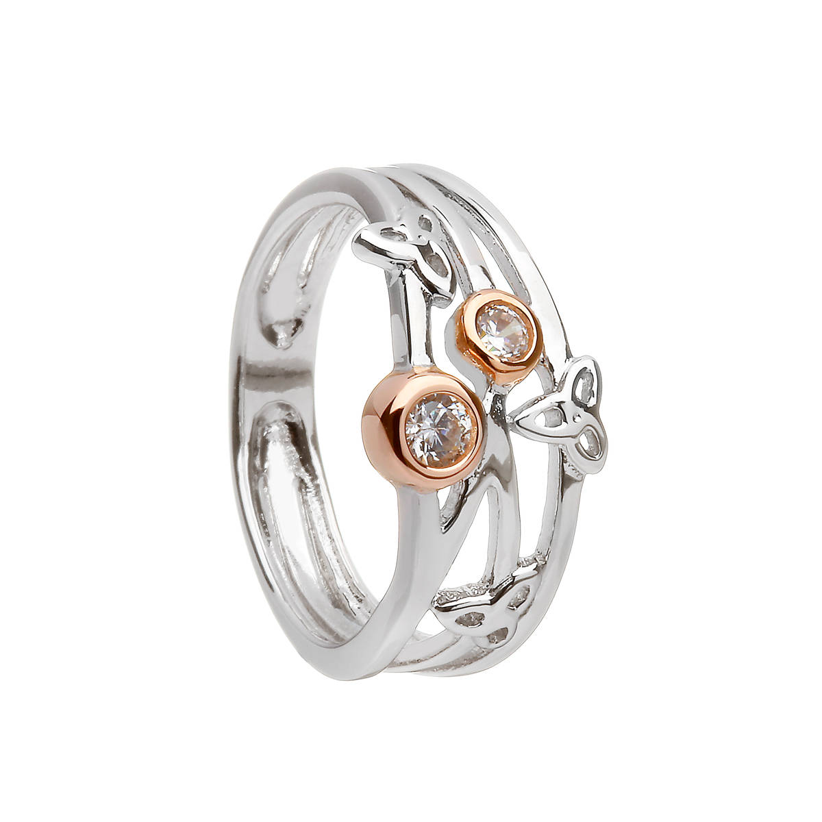 Silver Trinity Ring With Cz Set In Rose Gold Plating
