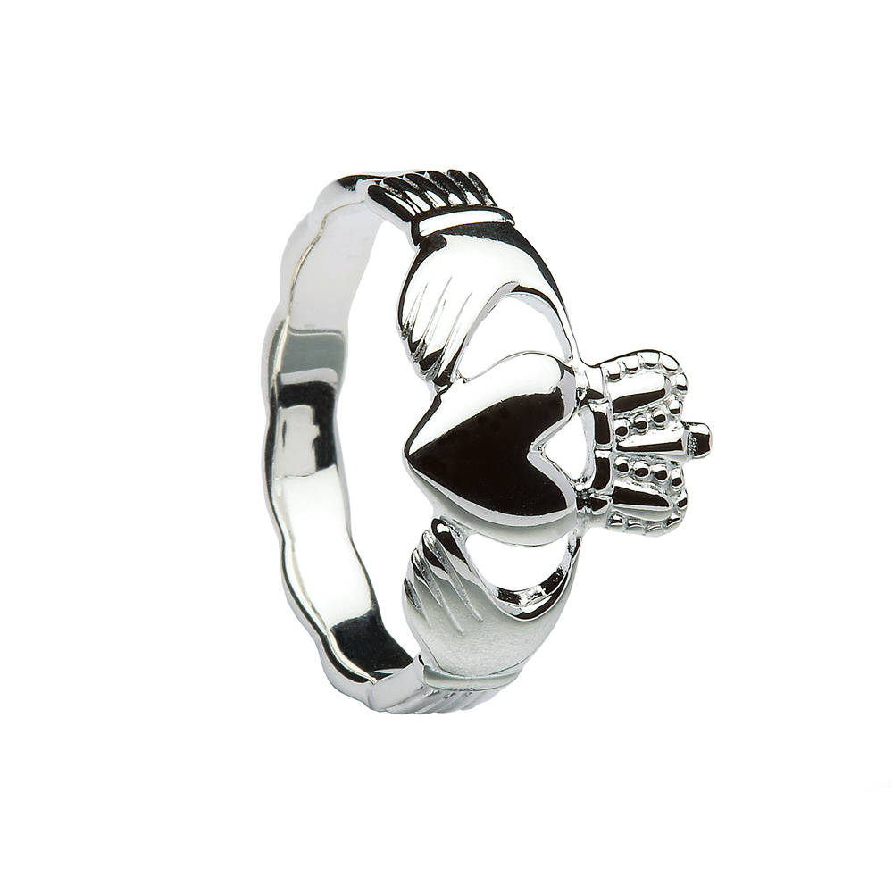 Silver ladies claddagh ring with braided band