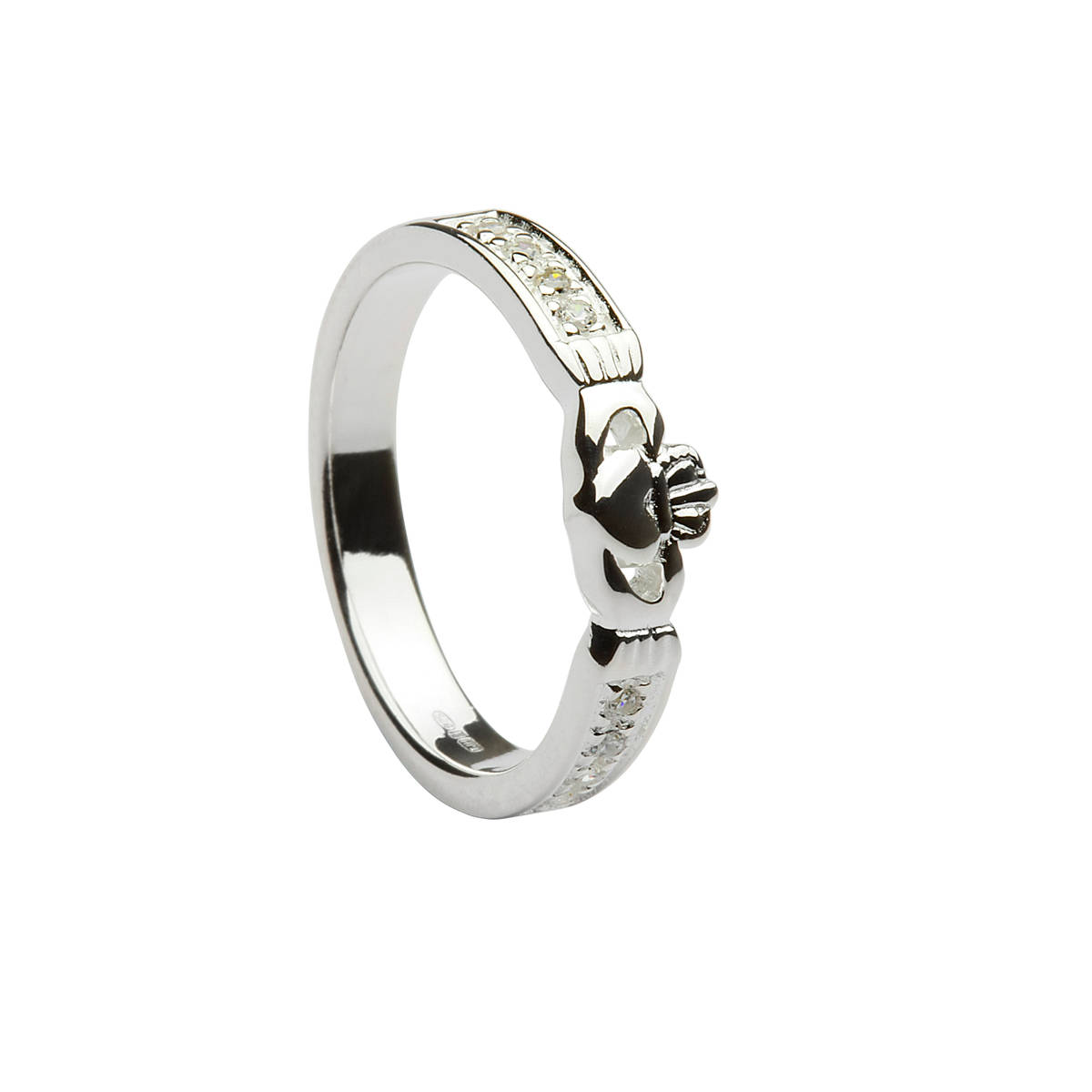 Silver CZ set Claddagh ring.Most unusual style.