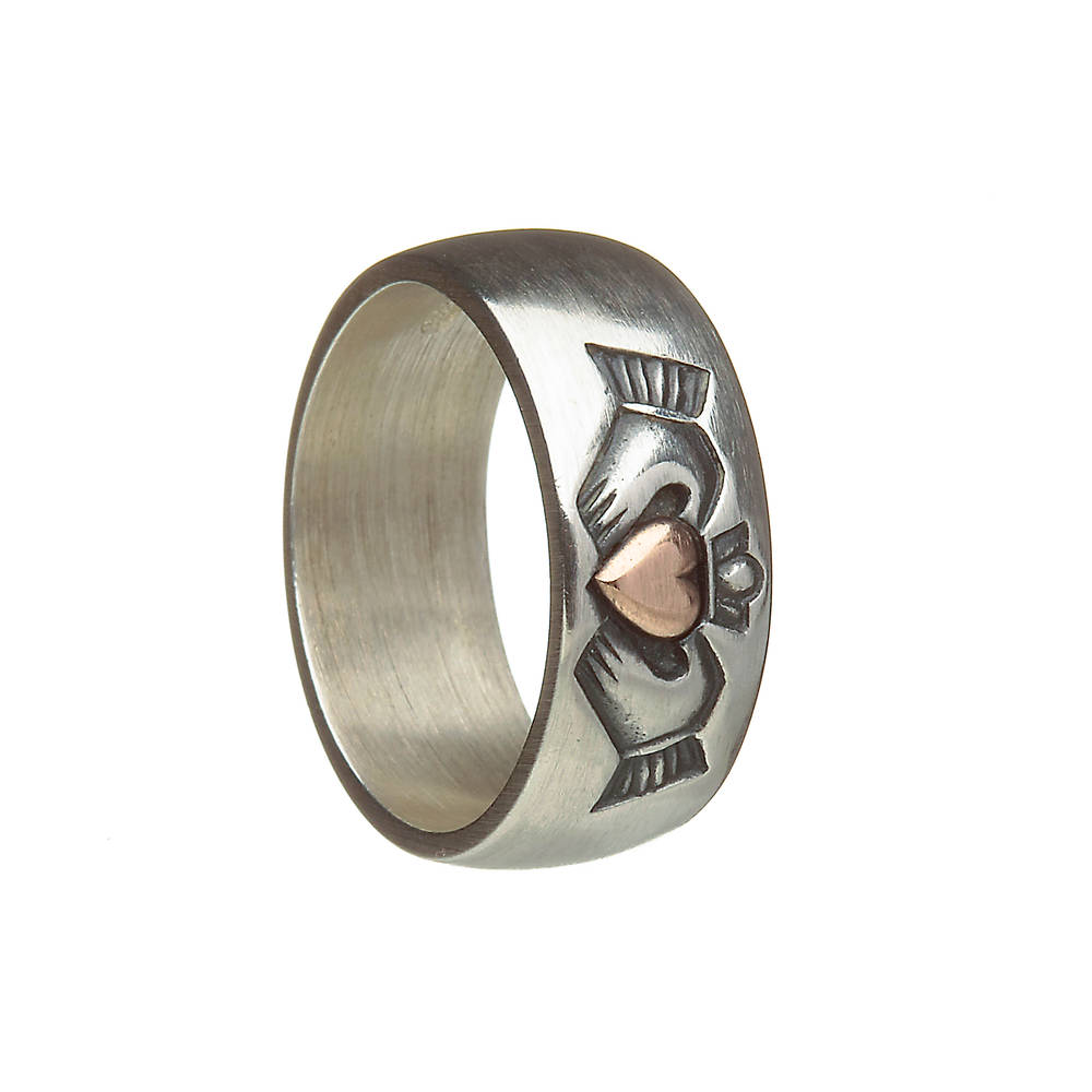 Antique brushed finish silver Claddagh ring with 10 carat rose gold heart.