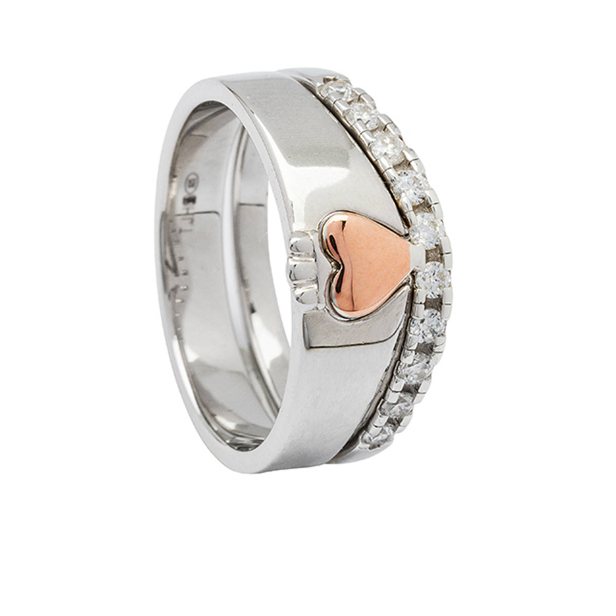 Two-piece interlocking sterling silver Claddagh ring with plated rose gold heart and channel-set cubic zirconia. 