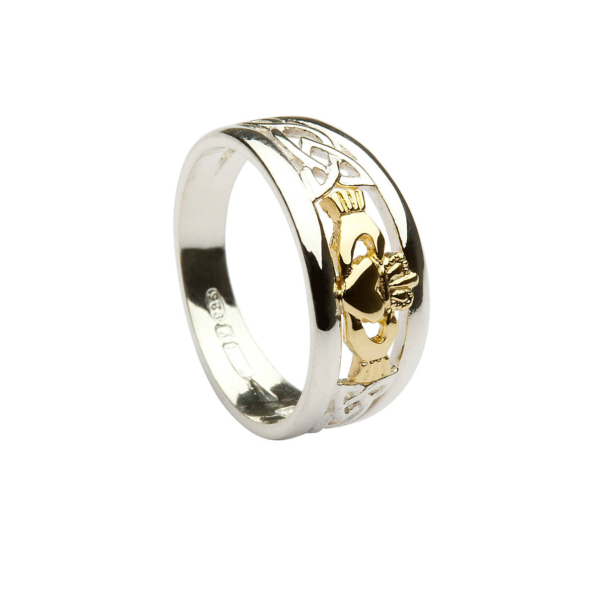 Silver Ring With Celtic Knot Work Shoulders And 10ct Gold Clad Detail