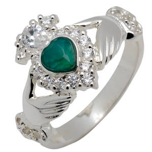 Silver claddagh ring with heart agate and CZ setting