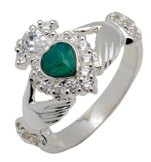 Silver claddagh ring with heart agate and CZ setting