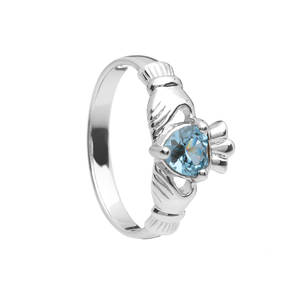 March Birthstone Silver Claddagh Ring