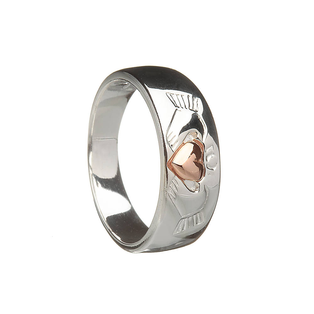 Silver ladies claddagh ring with rose gold plated heart.