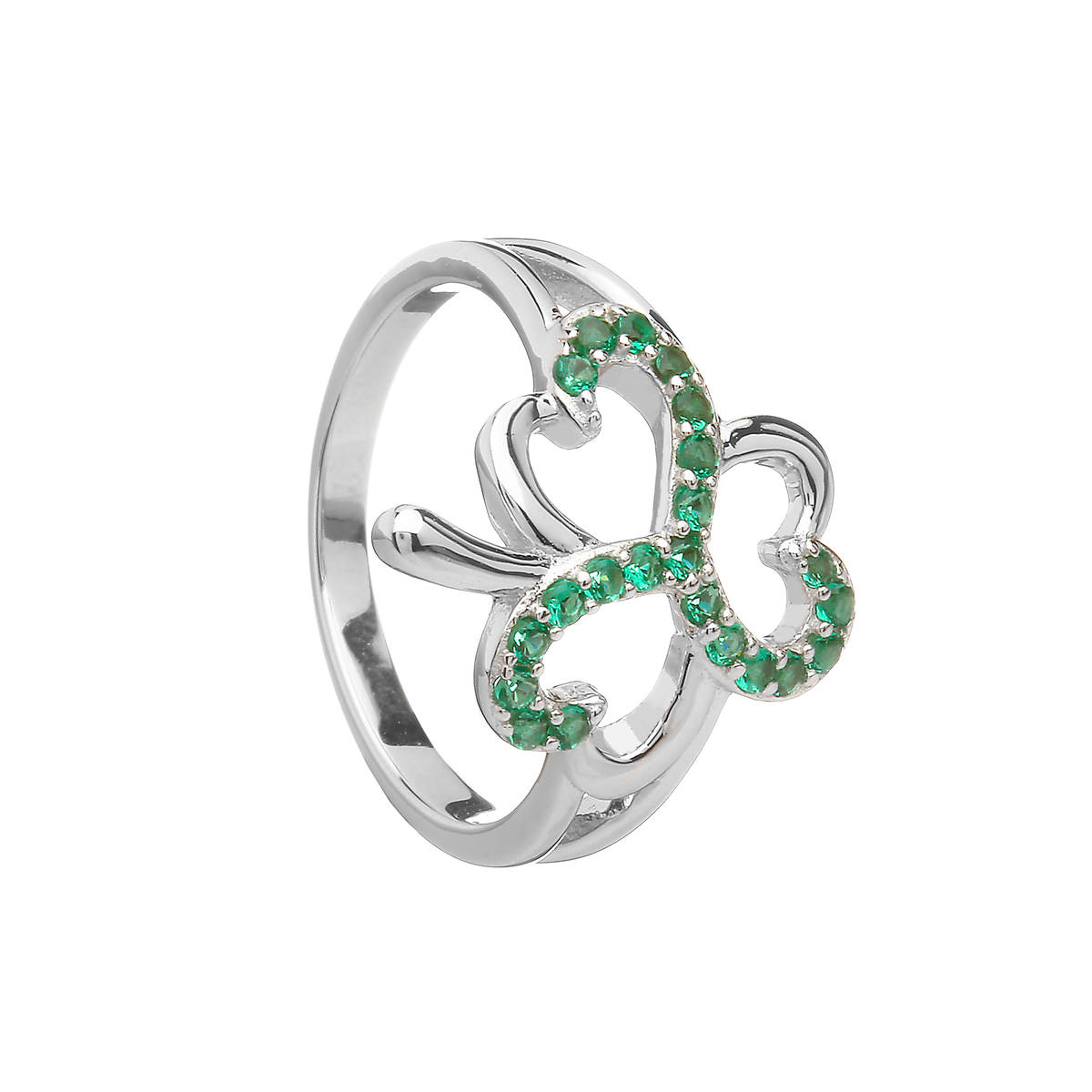 Sterling Silver Shamrock Design Ring Set With Emerald Green Cubic Zirconias