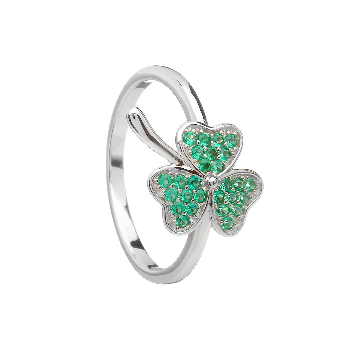 Silver Shamrock Ring With Green Cz