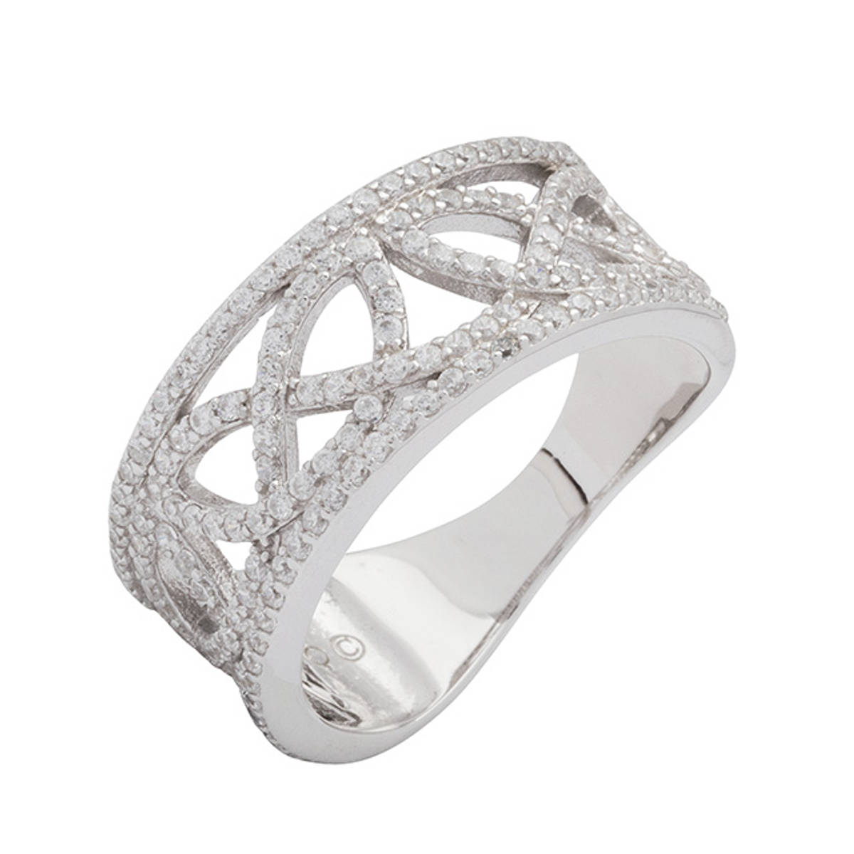 Sterling Silver Love Knot Celtic ring encrusted with channel-set cubic zirconia.