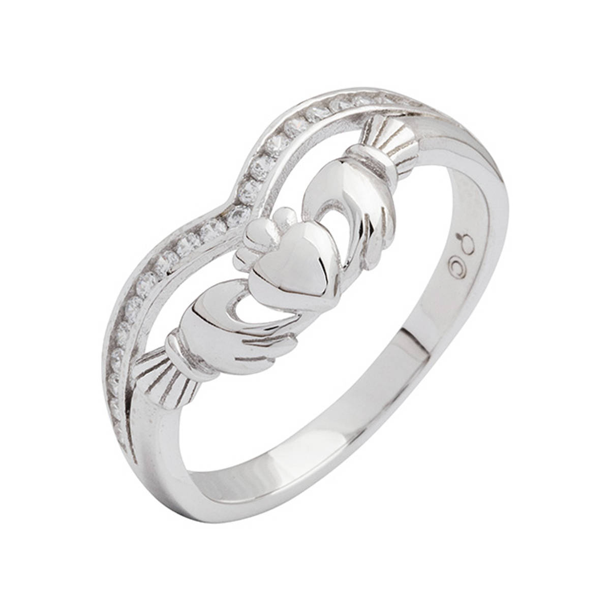 Sterling Silver Claddagh Ring with Channel-Set Cubic Zirconia. 

Width: 9mm