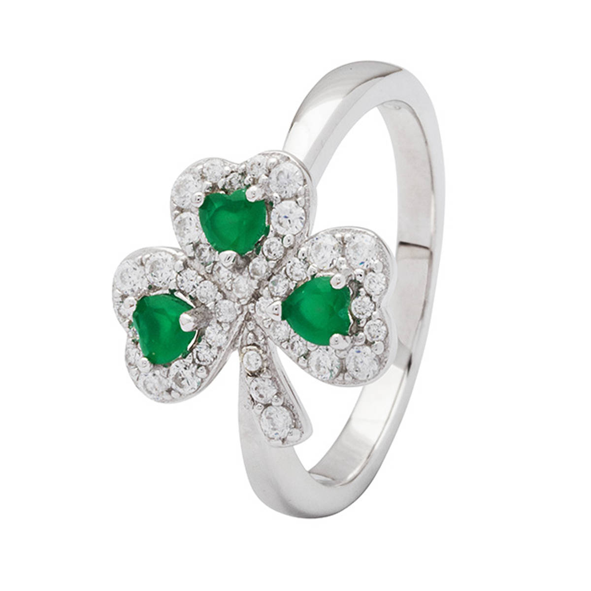 Sterling Silver Green Agate and Cubic Zirconia Shamrock Ring. 

Width: 13.5mm