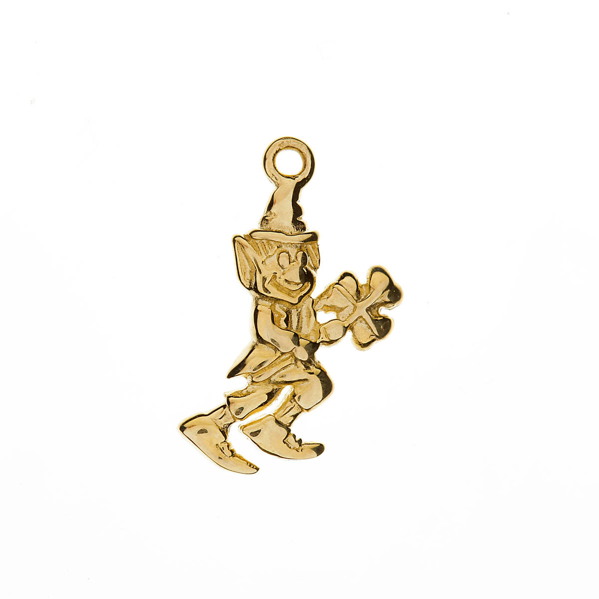 10 carat yellow gold leprechaun charm holding rhodium plated shamrock.