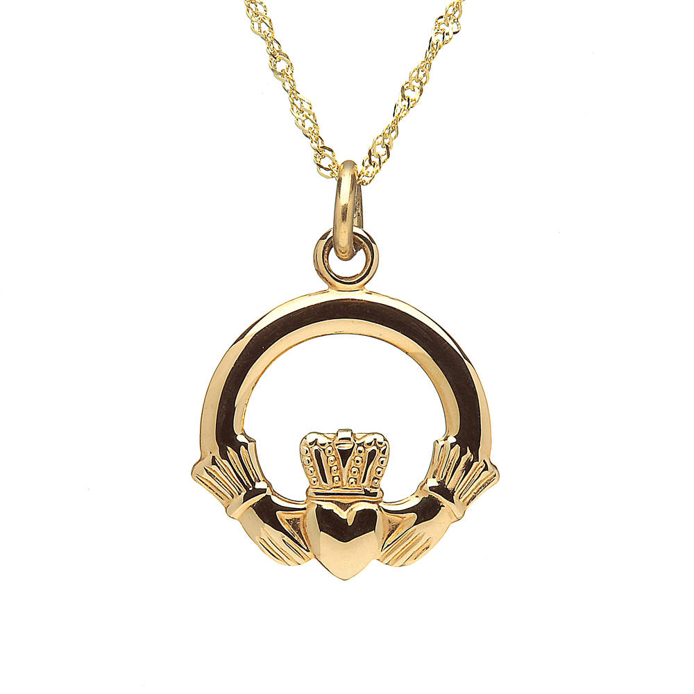 \n 10 carat gold claddagh on chain 15mmX15mm\n Presented in the original style this piece is a perfect gift of love.\n Available in white gold or rose gold also.\n If so desired,leave a note in the comment box on checkout.