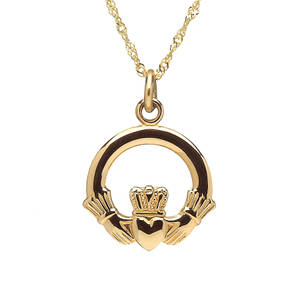 10 carat yellow gold claddagh charm on chain.