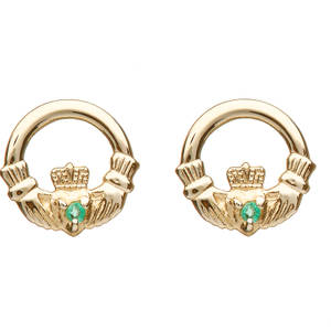 10 carat yellow gold claddagh stud earrings with emeralds.