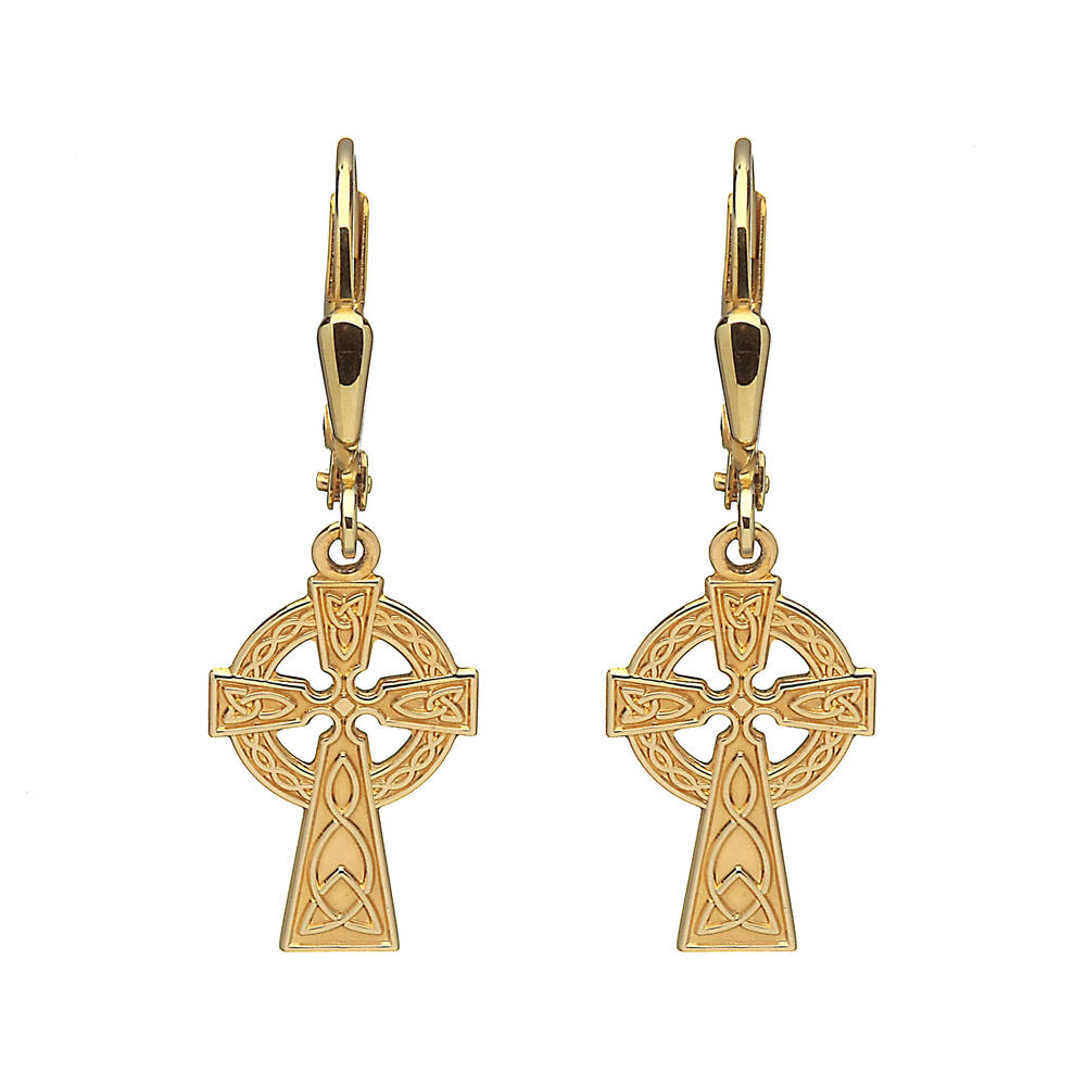 10 carat yellow gold celtic cross drop earrings in the classic style.30mm high and 10mm wide with continental german wire fittings and plain back.