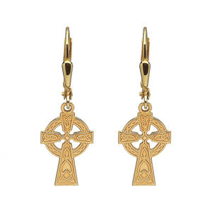 10carat yellow gold celtic cross drop earrings 30mm high and 10mm wide