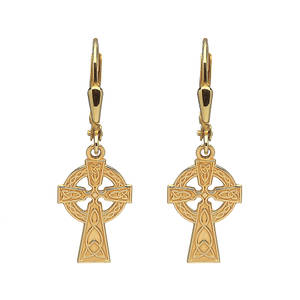 10carat yellow gold celtic cross drop earrings 30mm high and 10mm wide