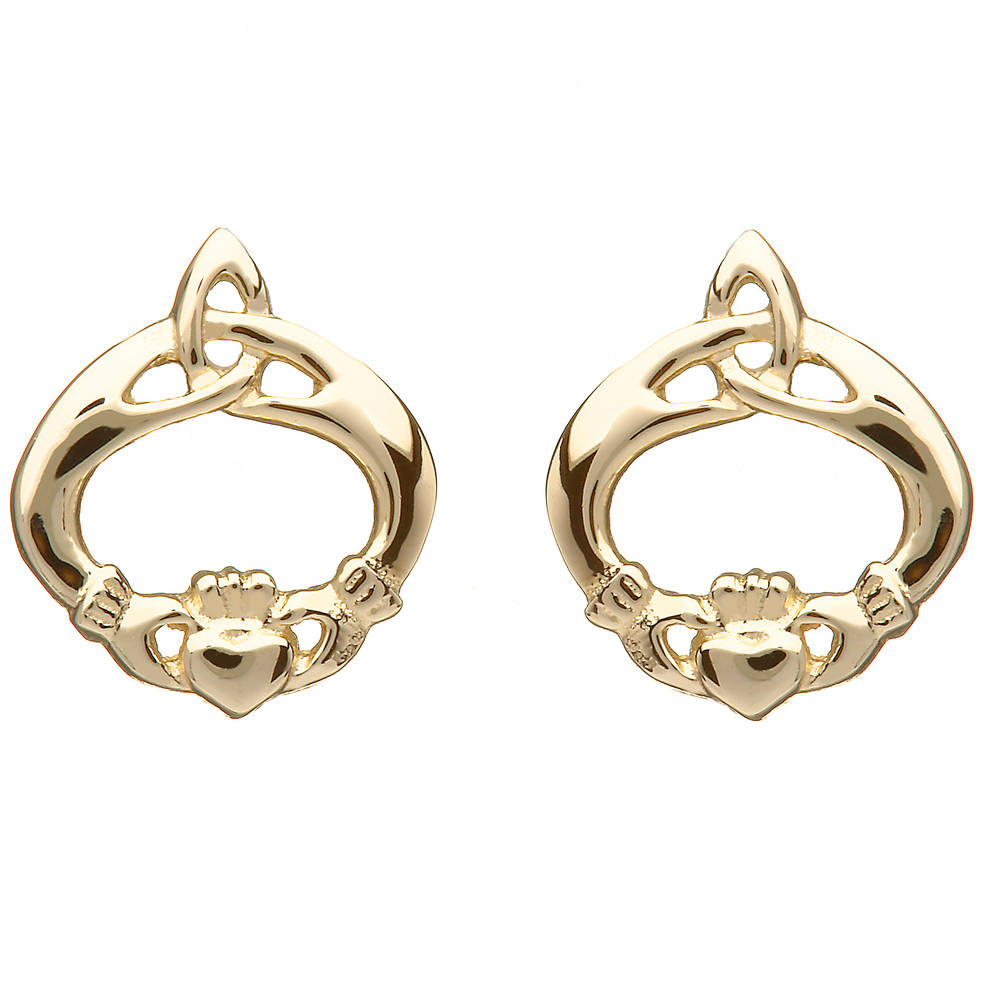 10 carat yellow gold Claddagh stud earrings with the trinity knot incorporated 13mmX11mm