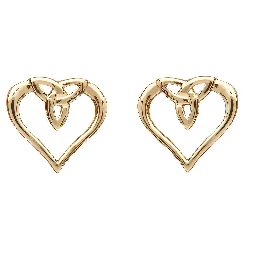 10 carat yellow gold trinity knot heart stud earrings delightfully formed and manufactured, as all else,here in Dublin,Ireland.