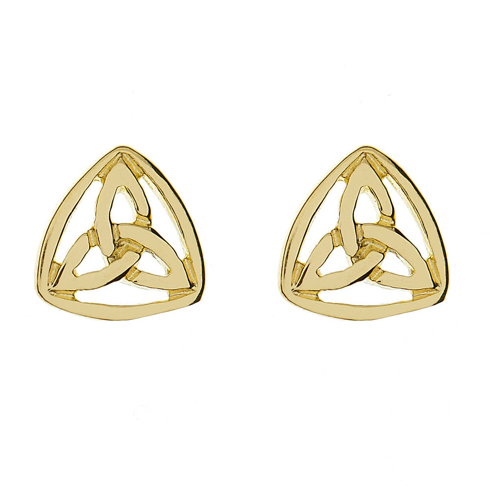 10 carat yellow gold small trinity knot stud earrings closed by a scalloped rim.
