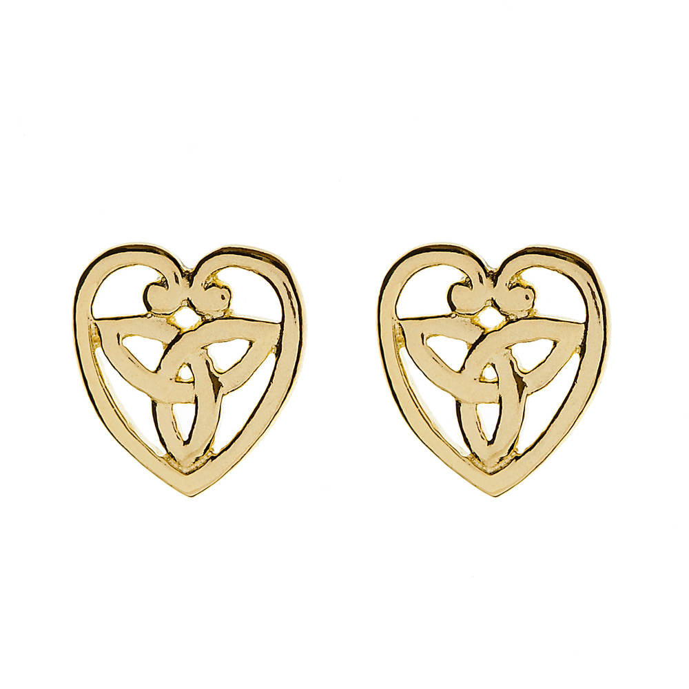 Great value 10 carat yellow gold heart with trinity knot centre stud earrings