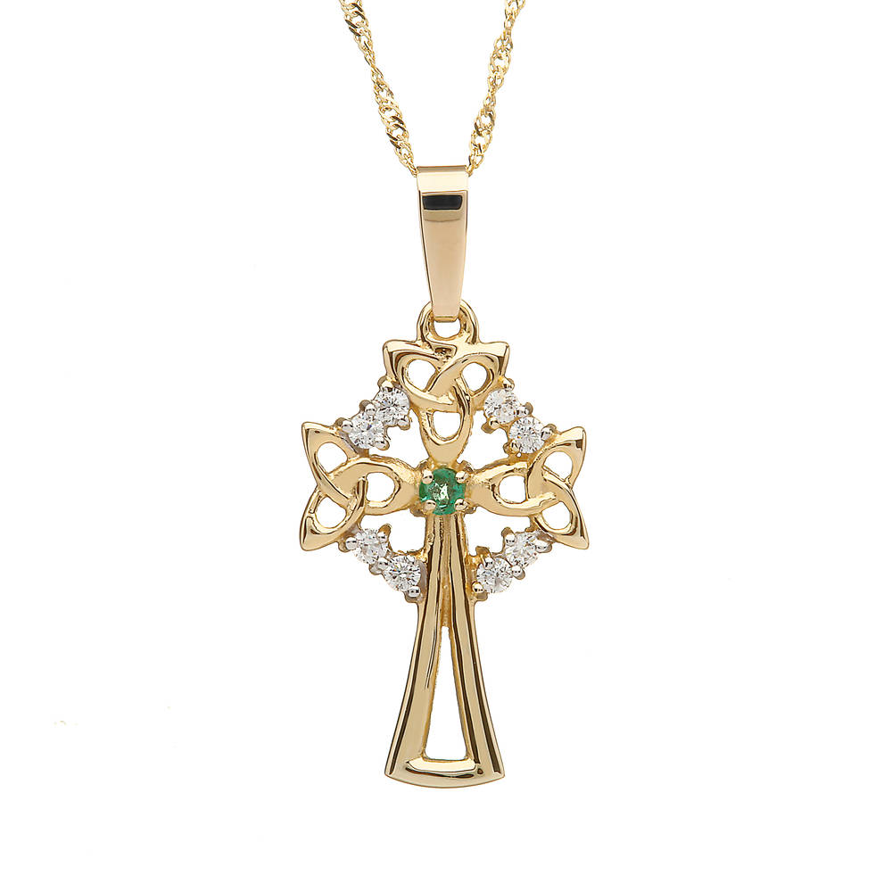 10 carat Yellow Gold Celtic Cross Emerald & Cz On 18"" Chain Boxes 22mx14m"