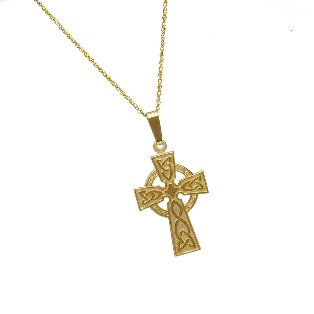 10 carat yellow gold celtic cross pendant with engraved back on 18\"chain.This is a good example of the classic Celtic Cross and if you prefer it in white or rose gold instead of yellow gold ,then just leave us a note in the comment box on checkout.