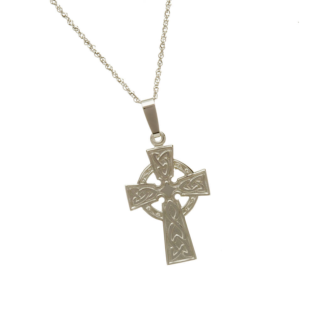 \n 10 carat white gold celtic cross pendant engraved on back with 18\"chain.\n This pendant is on a Prince Of Wales solid rope chain.\n If you want this pendant in yellow gold or rose gold just leave a note to that effect in the comment box at the checkout.