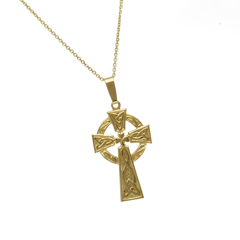 \n 10 carat yellow gold Shamrock Celtic Cross pendant with engraved back.\n A classic Cross also available in white gold or rose gold, if you prefer.\n Just leave a note in the comment box on checkout.