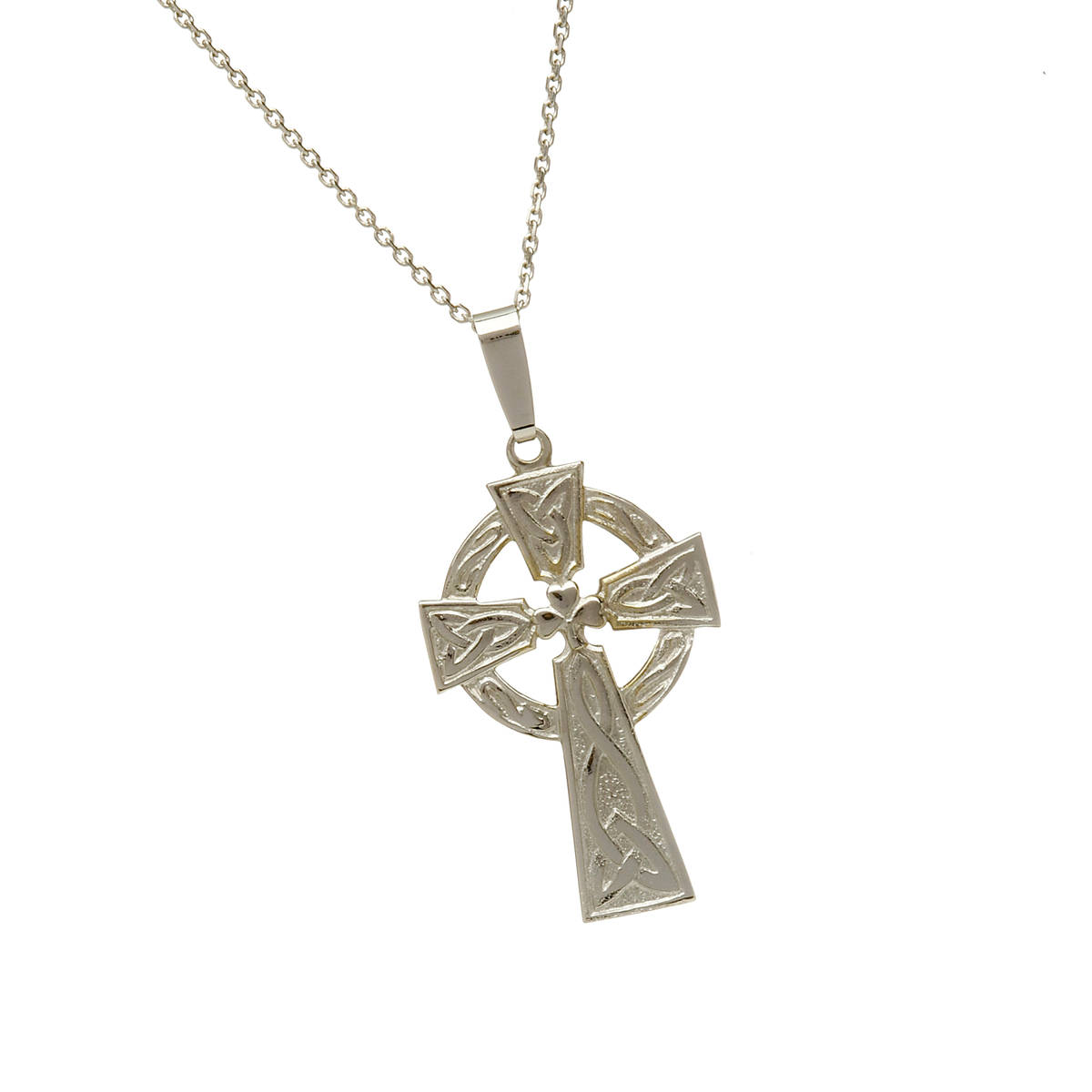 \n	10 carat white gold Shamrock Celtic Cross pendant with engraved back. This is a very traditional Celtic Cross and is always a firm favourite with customers.It is available on a standard 18\"chain but if a 20\" chain is required,just ask for it in our comment box on check out.\n	Also available in yellow or rose gold.Again ,just let us know your preference.