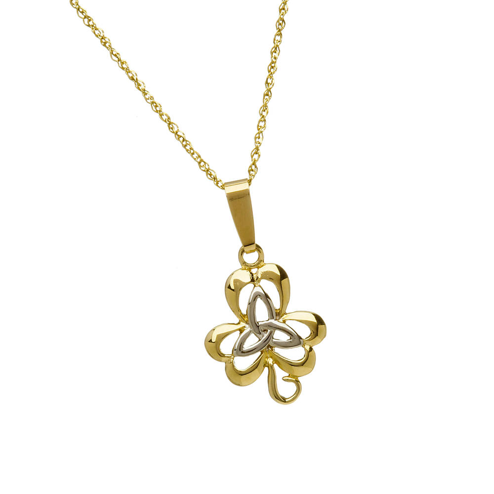 10 carat yellow gold/white gold trinity knot inside open shamrock combination pendant.