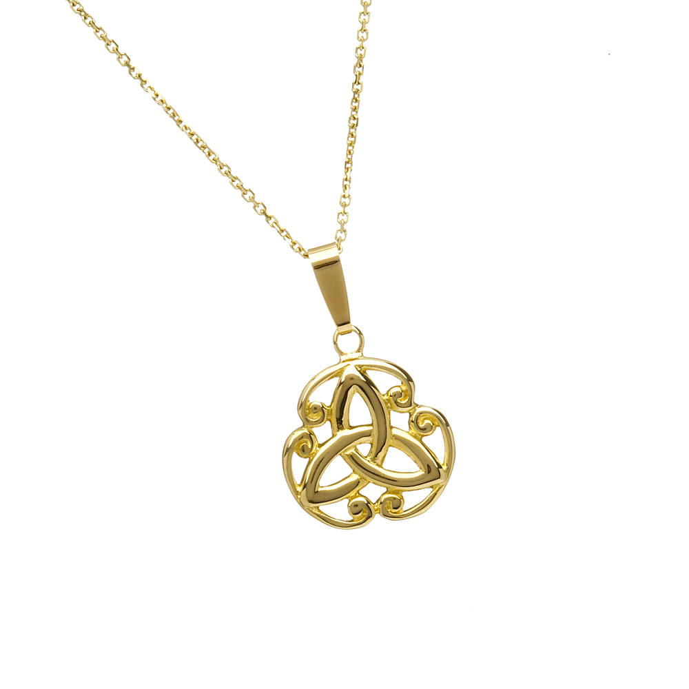 10 carat yellow gold filigree pendant trinity knot in scrolls which can be ordered in white gold or red or rose gold All you have to do is leave your instructions in the comment box at checkout.
