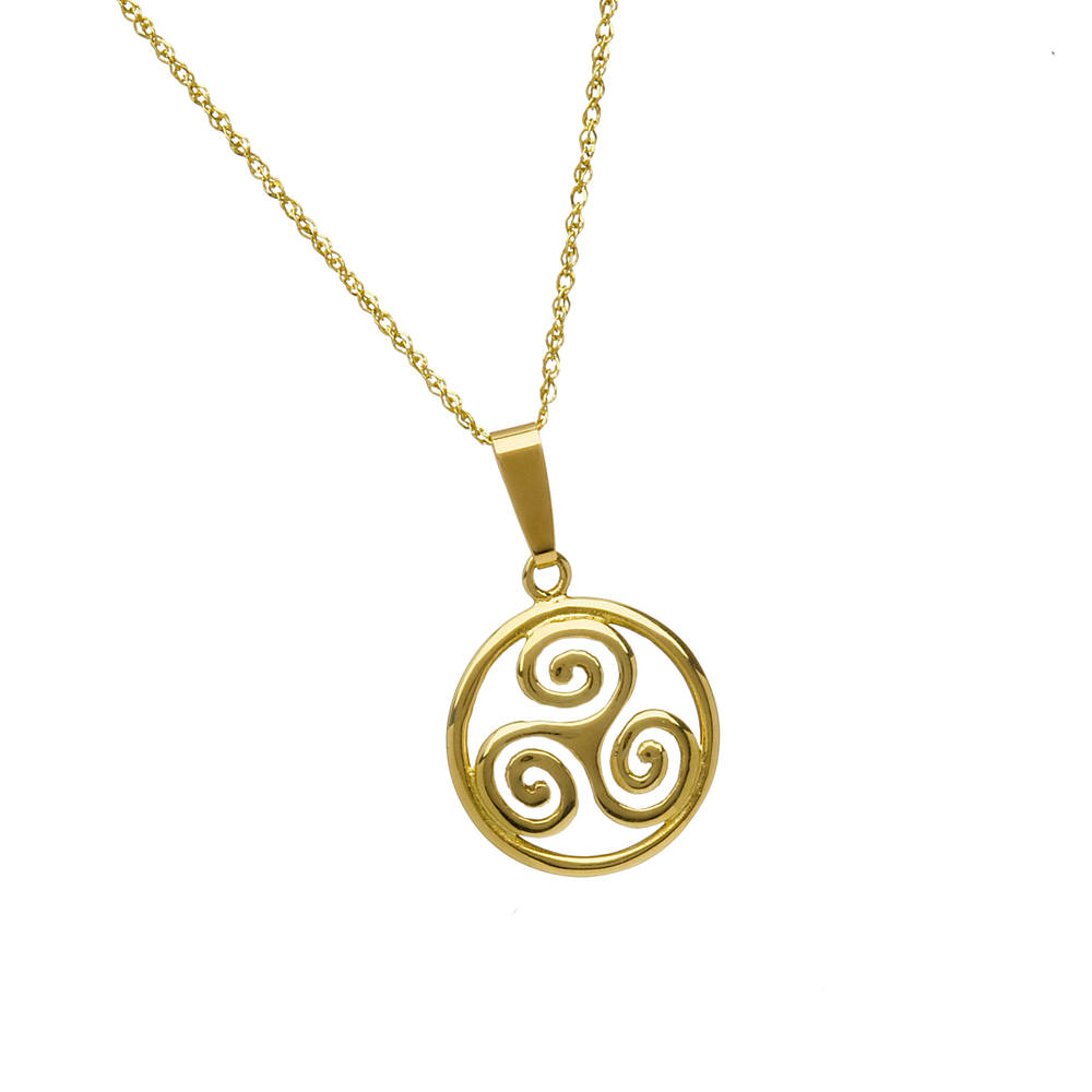 \n 10 carat yellow gold circular celtic spiral pendant on 18 inch chain.\n This triskele design is most attractive and should you desire this piece in white or rose gold please indicate your preference in the comment box on checking out.