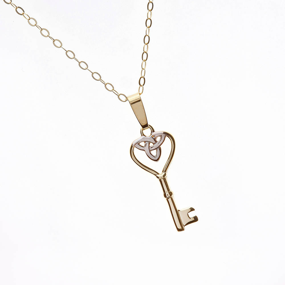 10 carat yellow gold and rhodium plated trinity knot Key of Ireland pendant