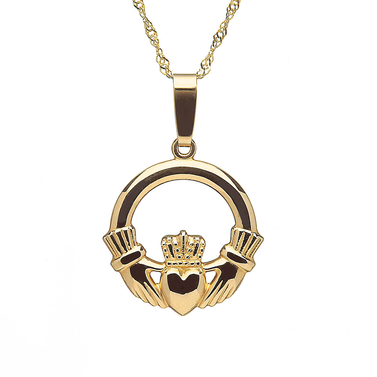 10ct Y/gold Heavy Classic Di Stamped Claddagh Pendant On 18" Chain 12mx12m"  A beautiful example of the famous claddagh design shared between friends.It comes with a solid Prince Of Wales rope chain.